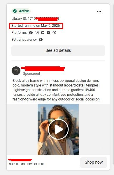 Meta Ad Library entry for a sunglasses video ad running since May 6, 2026